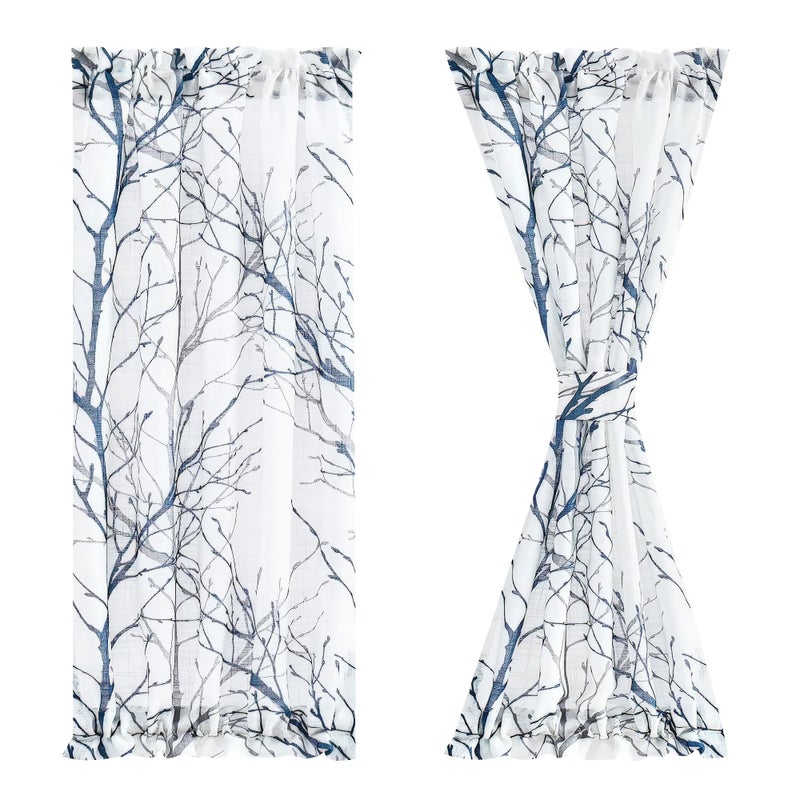 FMFUNCTEX Sheer French Door Curtains 40 Inch Long Blue White Semi-Sheer Patio Half Door Panel Branch Tree Print Curtains with 1 Tieback 50 Inch Wide 1 Panel - Image 1